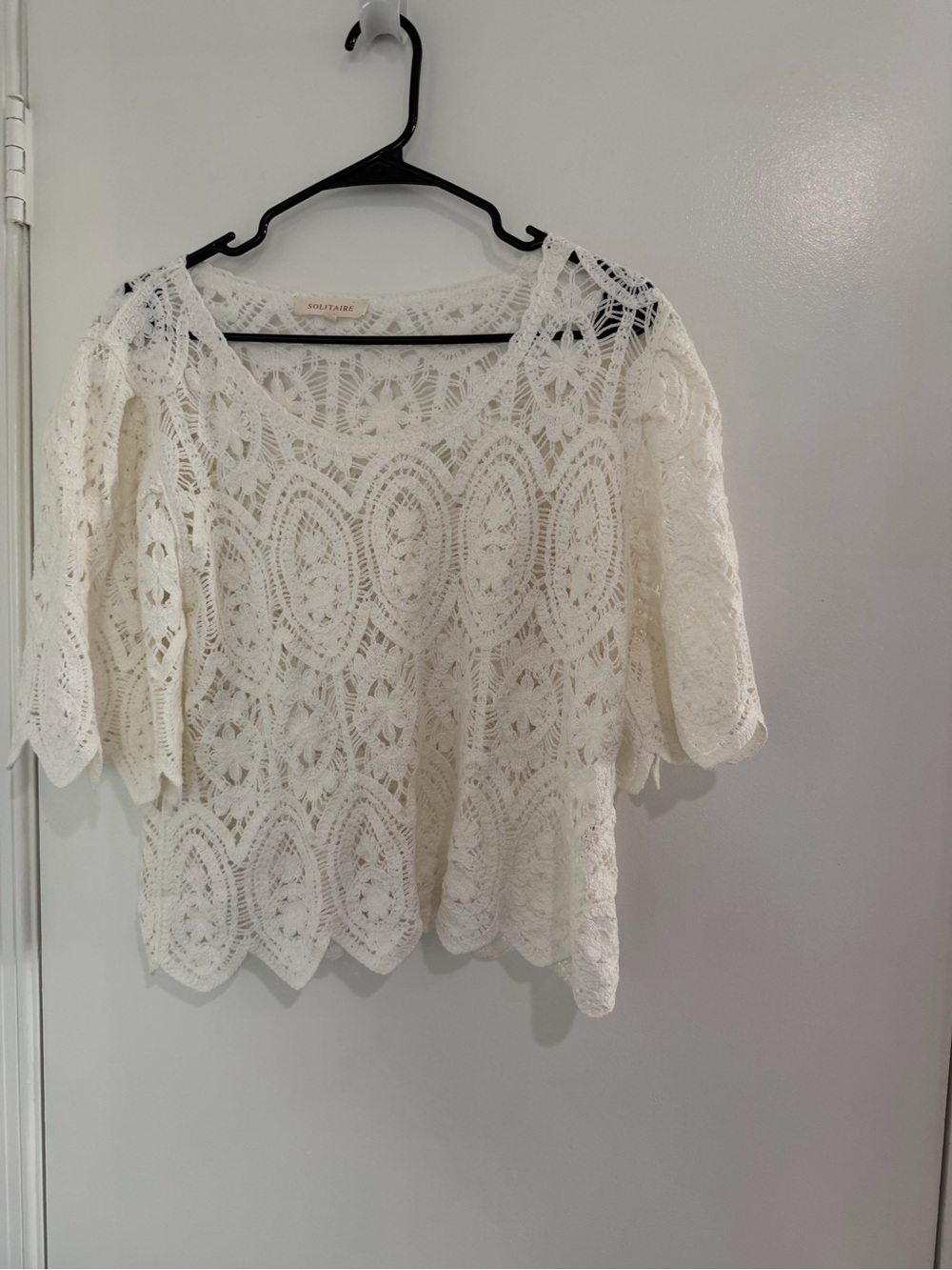 Solitaire Crochet Sweater Top M Ivory Boho Cottagecore Festival Open Knit Lace